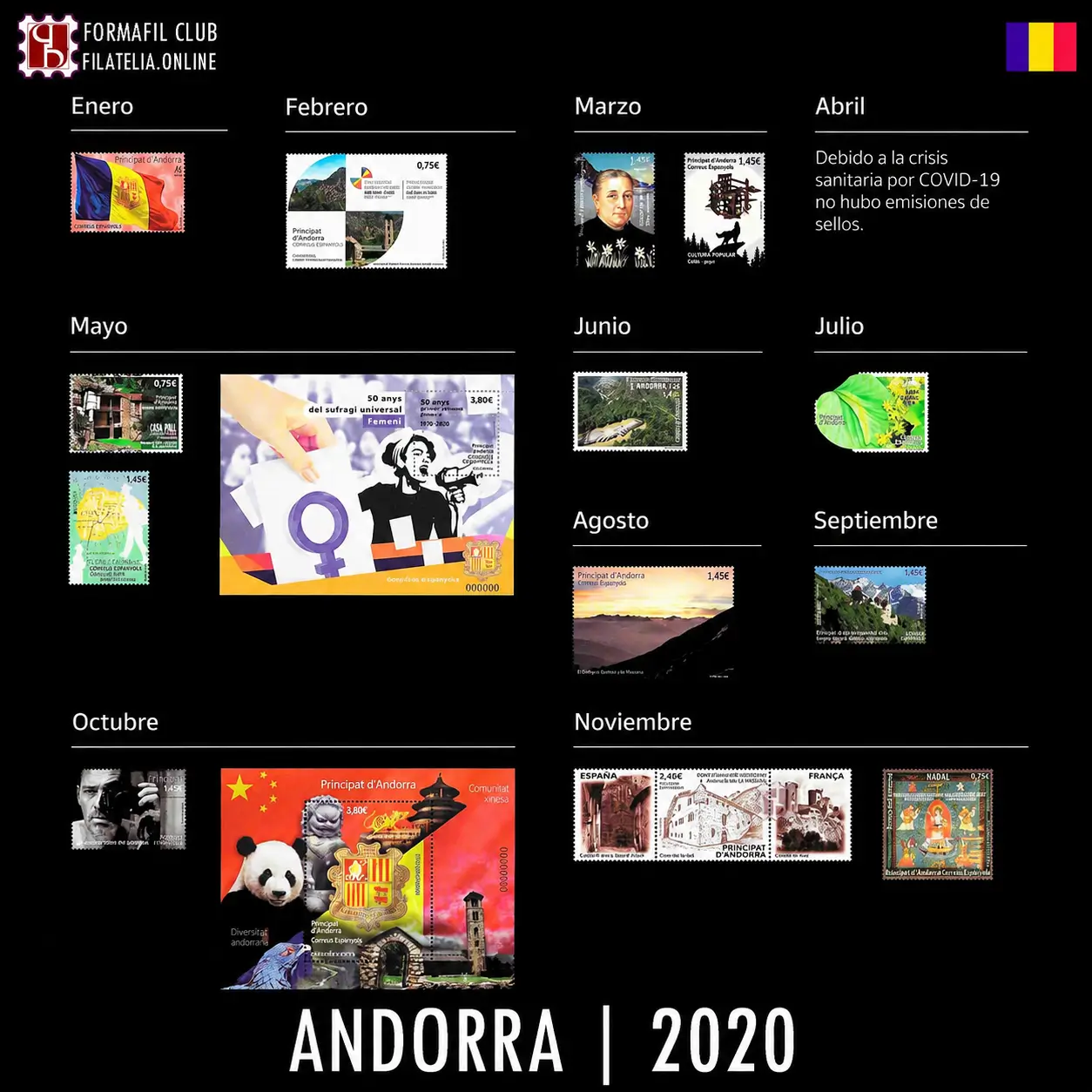 Colección de Sellos emitidos en Andorra (Correo Español) en el año 2020