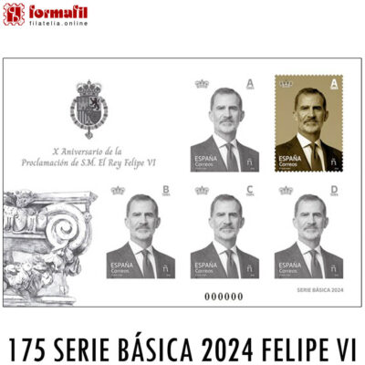 Prueba oficial de artista 175. Celebra el décimo aniversario de la proclamación de S.M. el Rey Felipe VI. Los sellos muestran un retrato en primer plano del rey, con colores diferentes según la tarifa: a, B, C y D.