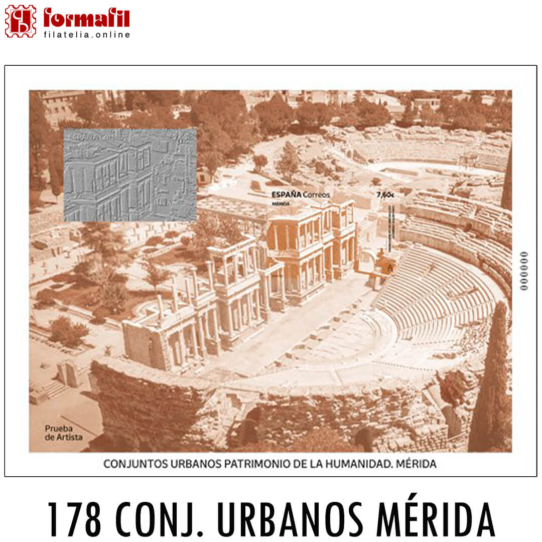 Prueba oficial de artista 178. Emisión Conjuntos Urbanos Patrimonio de la Humanidad año 2024, dedicada a la ciudad de Mérida y su teatro romano.