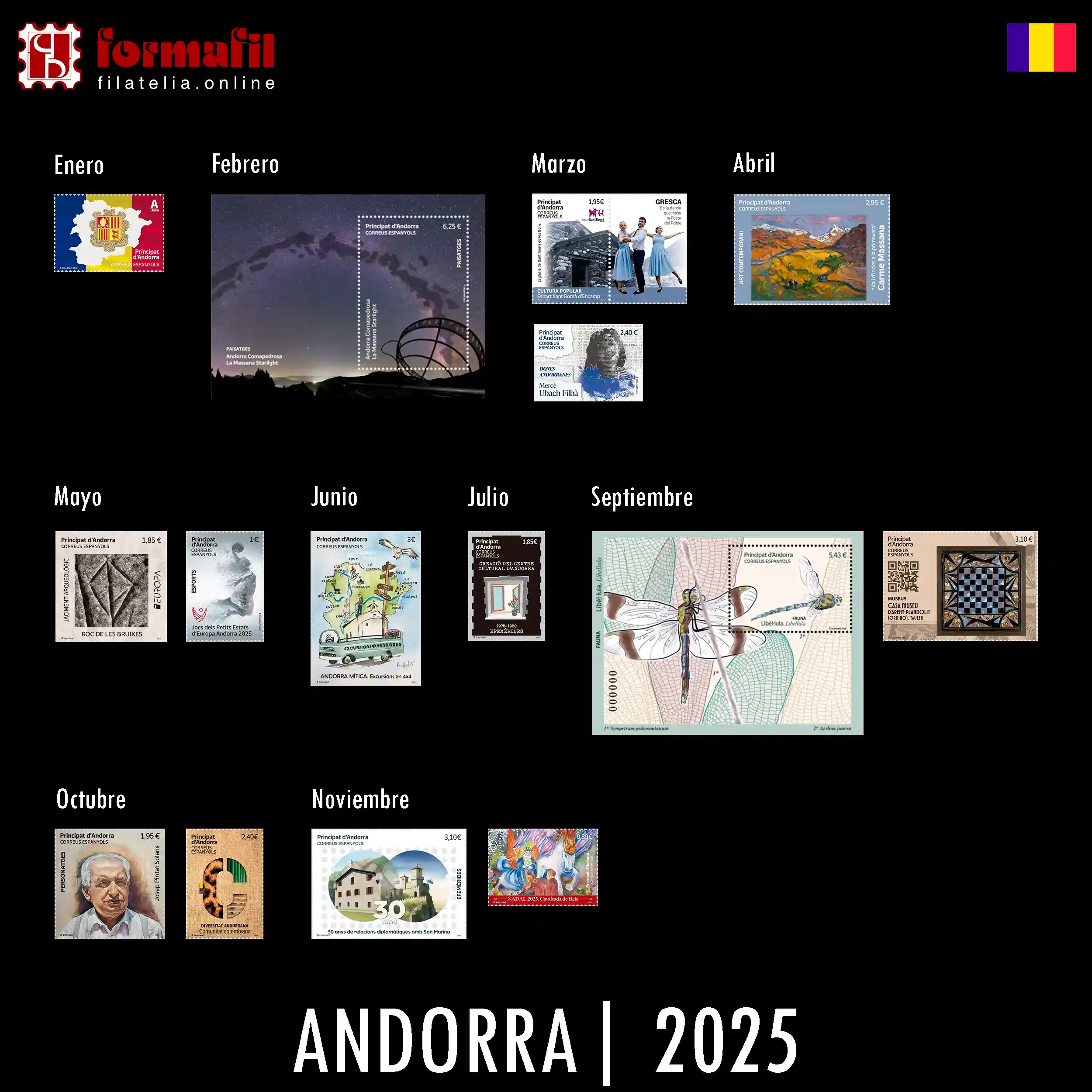 Colección de Sellos emitidos en Andorra (Correo Español) en el año 2025